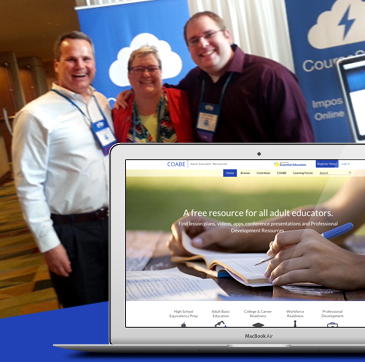 Brian Rahill poses with COABE CFO Kathi Medcalf-Flaker from Clover Park Technical College in Washington State and RainStorm programmer Matt James at the 2015 COABE Conference in Denver this past April.