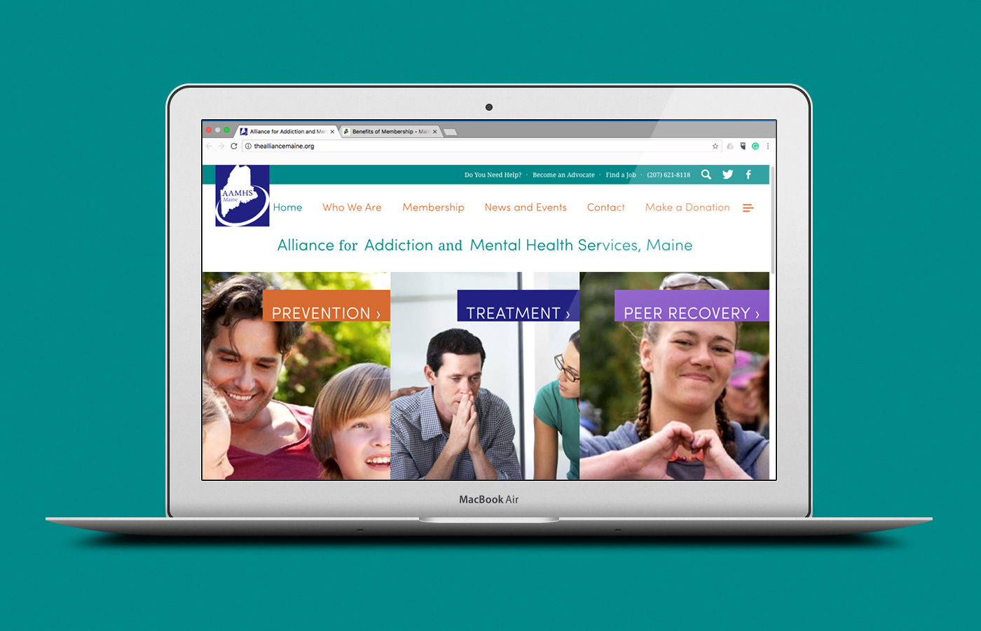 Alliance for Addiction and Mental Health Services, Maine website as seen on a laptop computer