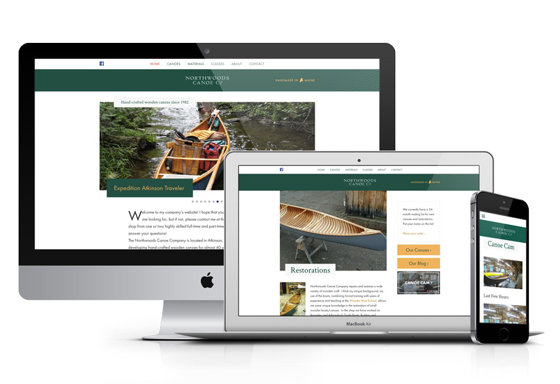 Northwoods Canoe Company new website as seen on desktop, laptop, and cell phone.